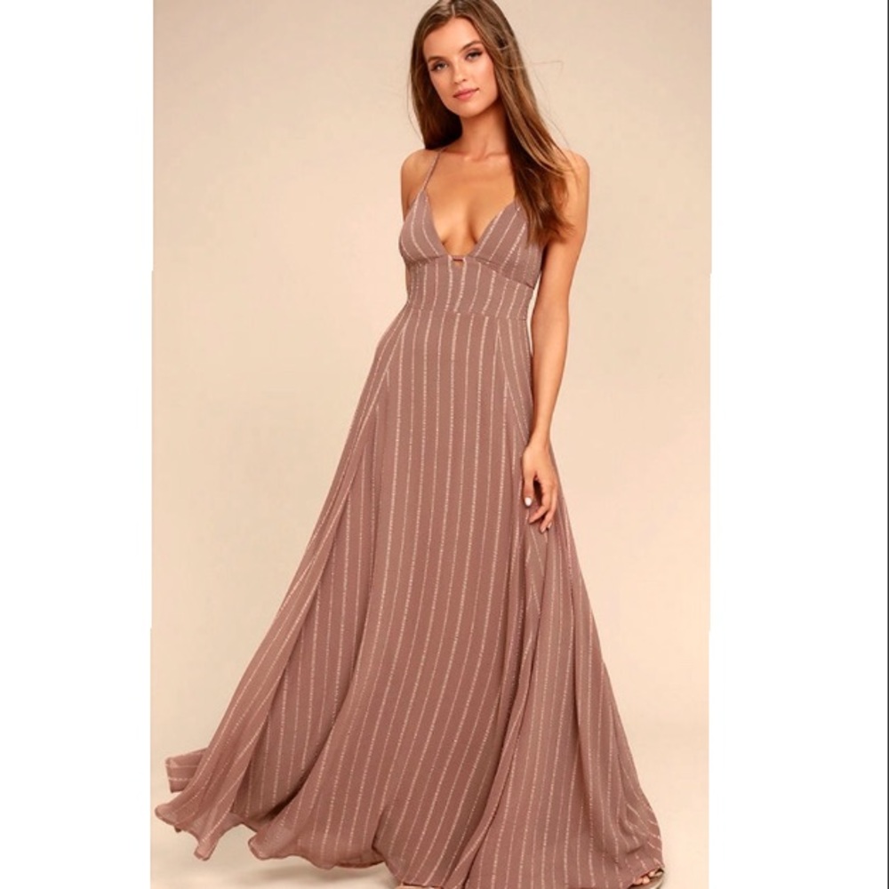 Lulu’s Elevate Light Brown Embroidered Maxi Dress